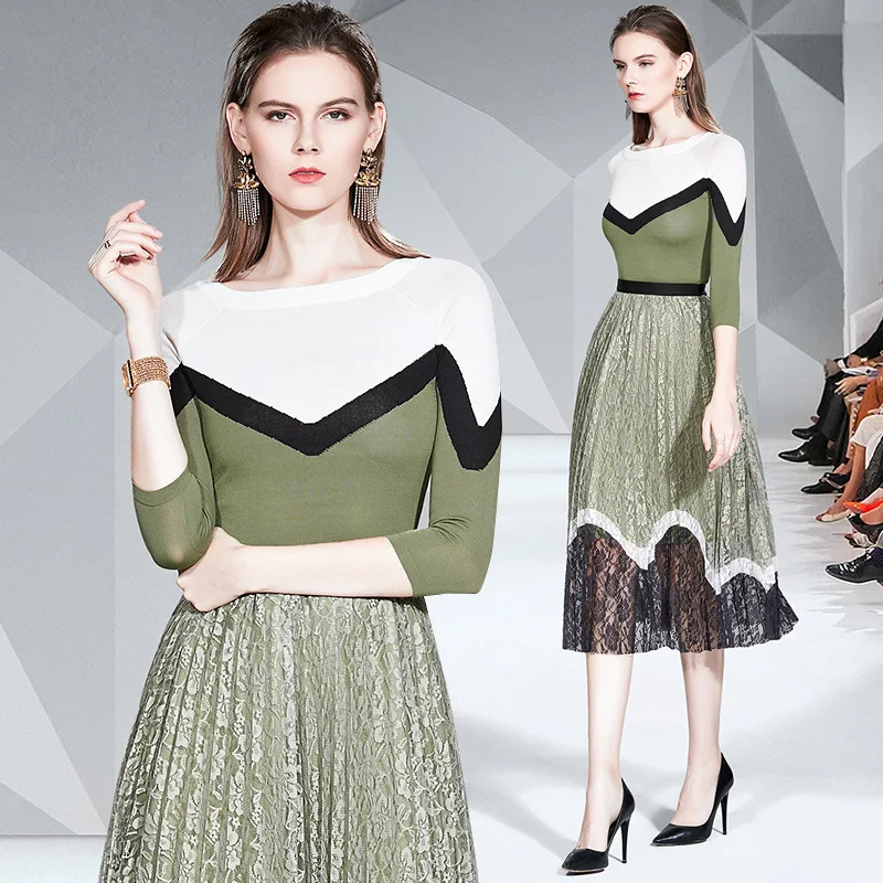 

Ozhouzhan 2019 New Style Fashion Knitted Jacket + Elegant Slimming Western Style Lace Pleated Skirt Two-Piece Set