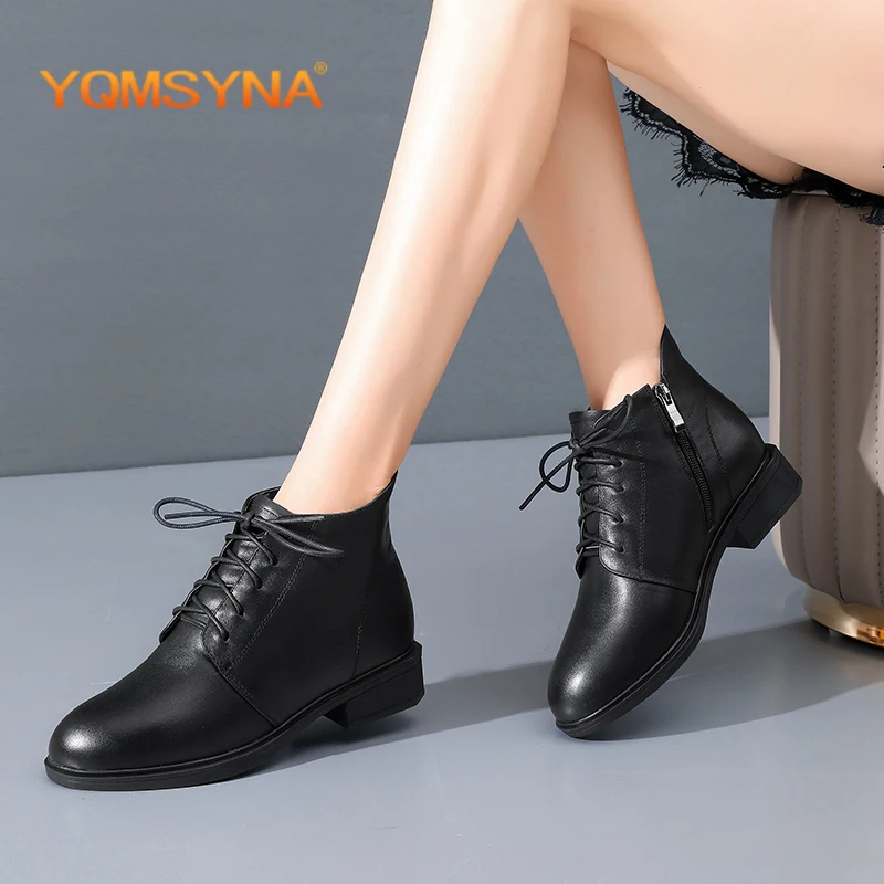 

YQMSYNA Casual Ankle Boots Convenient Lace-up Genuine Leather Round Toe Boots Concise Square Heel Wool Keep Warm Shoes AS419