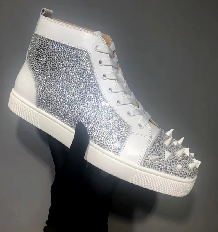 Босоножки на высоком каблуке Blingbling, блестящие, хрустальные стразы с шипами и заклепками декор с высоким берцем Мужская обувь Черный Звездное с красной подошвой стильный Обувь для пары