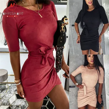 

Elegant Women Summer Bodycon Mini Dress Irregular Design Bandage Decor O-Neck Short Sleeve Solid Color Slim Hips Pencil Dress