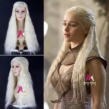 

NEW Hair Cap+Game of Thrones Daenerys Targaryen Silver Grey Braided Long Wavy Synthetic Lace Front Wig For Women Girls +wig cap