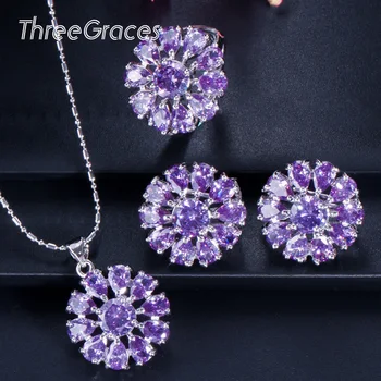 

ThreeGraces Romantic Purple Amethyst Flower Necklaces Earrings Ring Cubic Zircon 925 Sterling Silver Ladies Jewelry Sets JS504