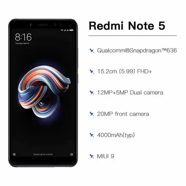 Xiaomi Redmi Note 5 Mobile Phone 3GB RAM 32GB ROM Snapdragon 636 Octa Core 12MP Dual AI Camera 5.99" 18:9 Screen Fingerprint 2