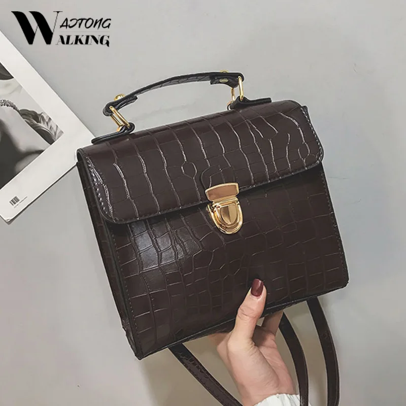 

2020 Vintage Women Shoulder Bag Crocodile Pattern Buckle Handle Handbag Solid Color Messenger Bags Crossbody Bags bolsa feminina
