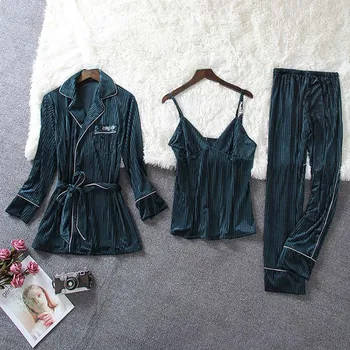 

Pajamas For Women Gold Velvet 4 Pieces Pajamas Set Long Sleeve Loose Large Size Female Sexy Robe With Chest Pads Home Service