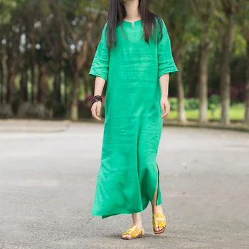 

LZJN 2020 Women Short Sleeve Summer Solid Cotton Linen Dress Split Long Vestido Female Robe Casual Long Dress