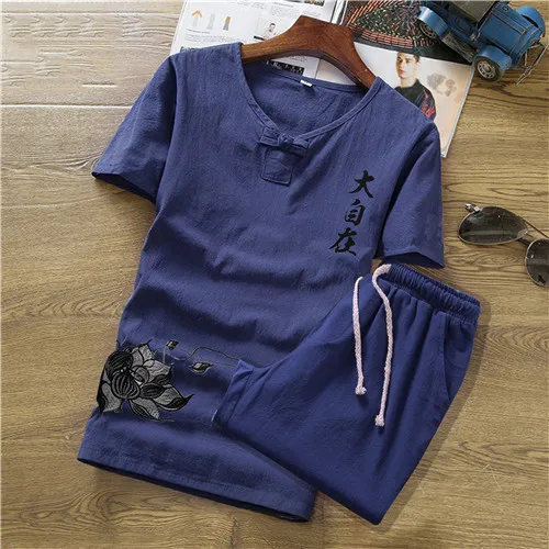 Short-sleeved T-shirt Men V-neck Suit VogueShorts Clothes Summer Clothing Set Button Summer Print Linen Set M-5XL - Цвет: Blue