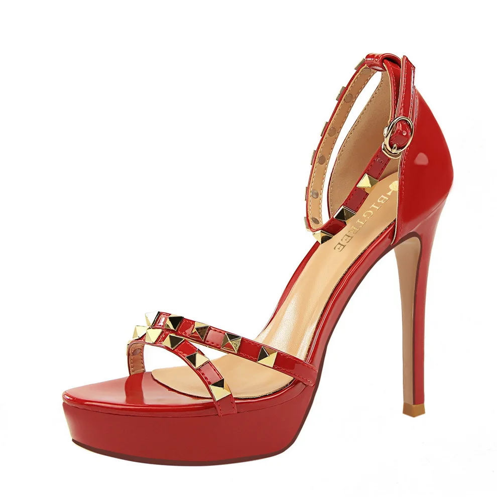 

Vogue 7 Colors Women High Heels Sandals Nice Pop Concise Solid PU Open Toe Buckle Sexy Women Party Rivet Sandal Summer Shoes