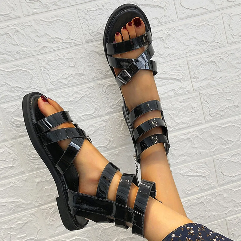 Rome Shoes Woman Flat Sandals Rope Classic Rivet Rock Open Toe Shoes Platforms with buckle side zipper Women's sandals sapato
