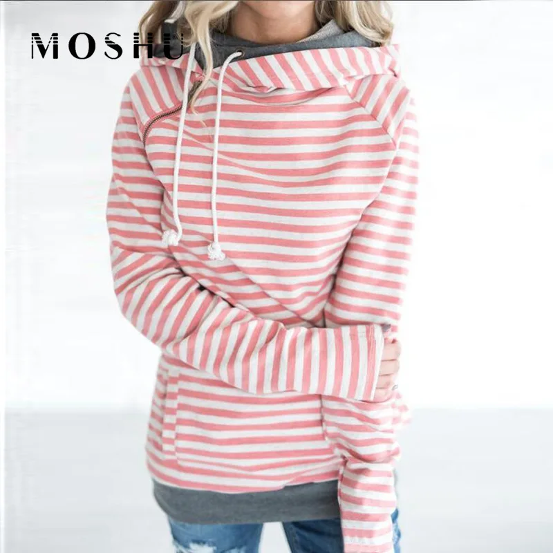

Casual Hoodies Women Stripe Printed Sweatshirt 2019 Autumn Winter Irregular Neck Patchwork Pullover Harajuku Pocket Hooded Hoody