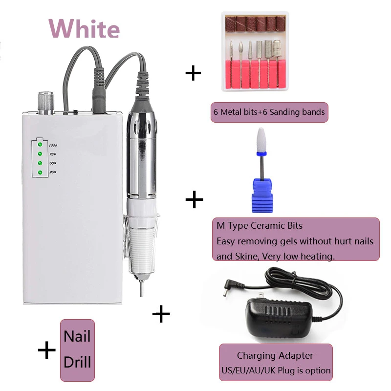 30000 об/мин Беспроводная портативная электрическая дрель для ногтей, набор перезаряжаемых e пилок для ногтей, маникюрный педикюрный набор для салонного использования - Цвет: Whte