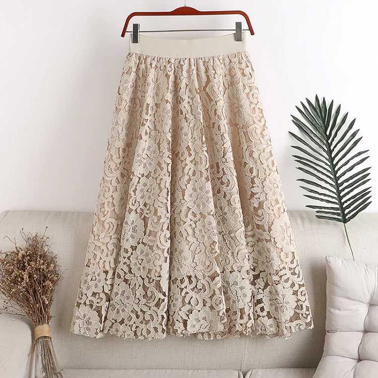 skorts for women 2020 autumn and winter new retro style Fashion Long Lace Openwork Skirt Lady Dating Clothes Pleated Free Size Tulle Maxi Skirts long skirts