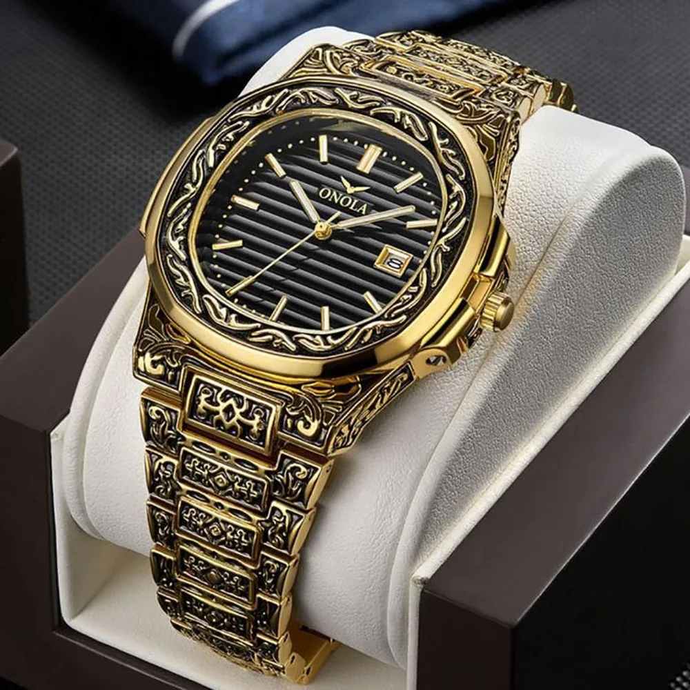

Top Brand ONOLA Men Business Quartz Engrave Date Watch Luxury Sport Carved Waterproof Vintage Calendar Gold Retro Wristwatch