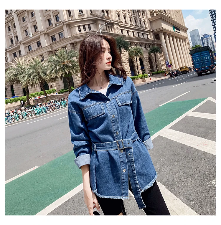 XUANSHOW Chaqueta Mujer Модные осенние однотонные длинные Для женщин куртка с поясом Повседневное уличная джинсовый жакет Женская верхняя одежда