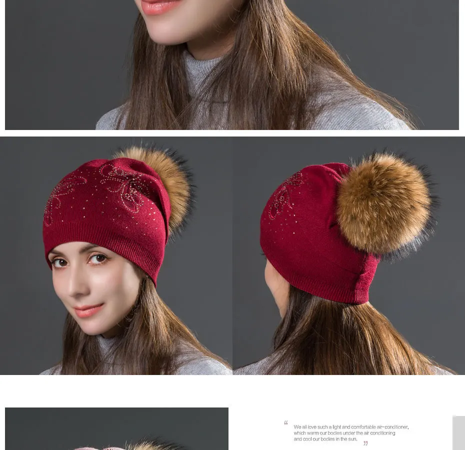 Wuaumx осенне-зимняя женская шапка Skullies Beanies, шерстяная вязаная шапка, натуральный мех енота, лисы, помпон, стразы, шапка для женщин