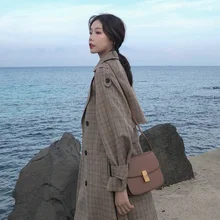 

Ladies Trench Korean Style Coat Plaid Long Double Breasted Belted Oversize Loose Women Duster Coat Outerwear with Storm Flaps