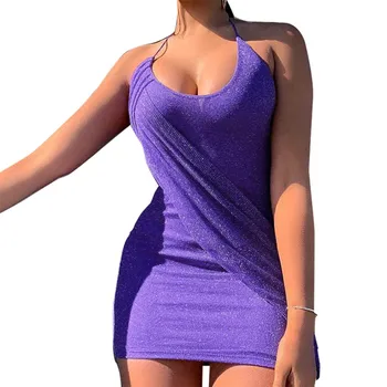 

Women Bodycon Halter Neck Sleeveless U-Neck Shining Clubwear Mini Dress for Summer JL