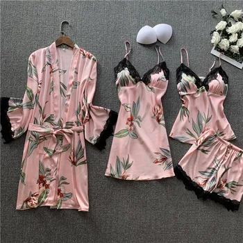 

FZSLCYIYI 2020 Spring Autumn Women Silk Pajamas Sets With Chest Pads Flower Print Pijama Sleepwear Spaghetti Strap Satin Pyjamas