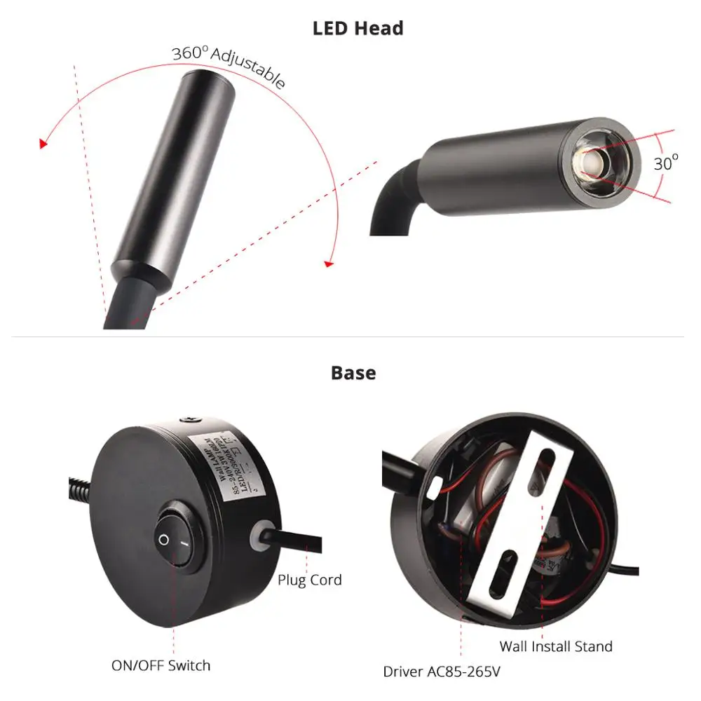 3W Wall Lamp Sconces Bedside Working Study Reading Book wall Night light fixtures Gooesneck Adjust Spot LED White Black Silver 4