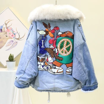 

Winter Warm Denim Jacket Women Fur Parka Loose Embroidery Tassel Denim Cotton jeans Coat Femme chaqueta mujer veste femme Mujer