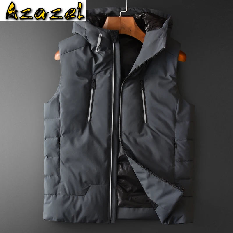 

Azazel Grey Hooded Mens Vests Luxury Add Padding Solid Color Sleeveless Mens Jackets And Coats Plus Size 4xl Slim Fit Man Coats