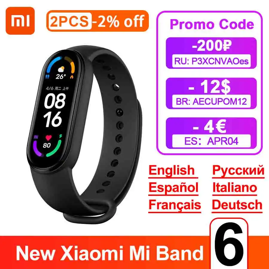 Xiaomi-pulsera inteligente Mi band 6, accesorio deportivo resistente al agua con control del ritmo cardíaco, oxígeno en sangre y Bluetooth, 5 colores, AMOLED