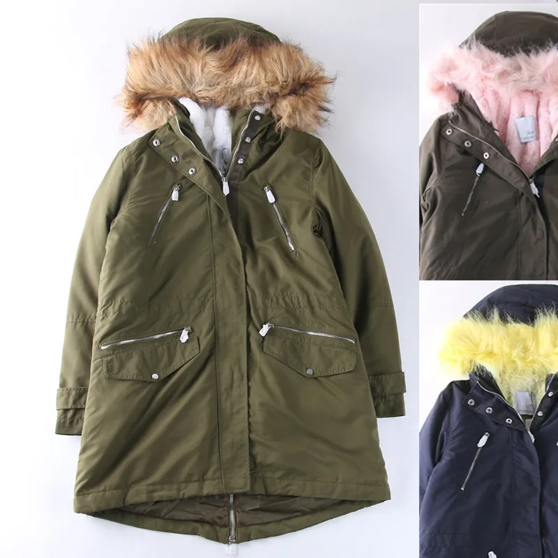 

9738 2018 Autumn New Style Contrast Color Faux Fur Collar Mid-length Plush Inner Wearing Warm Cotton Coat