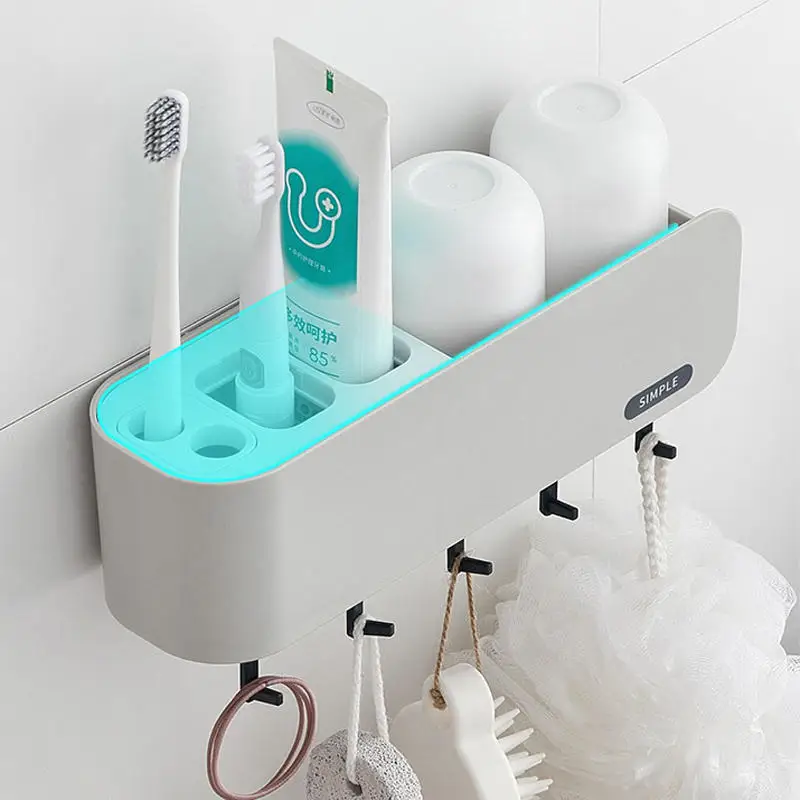 Vacclo Large Capacity Punch-free Toothbrush Toothpaste Shelf Bathroom Wall-mounted Wash Cup Holder Storage Rack With 5 Hooks
