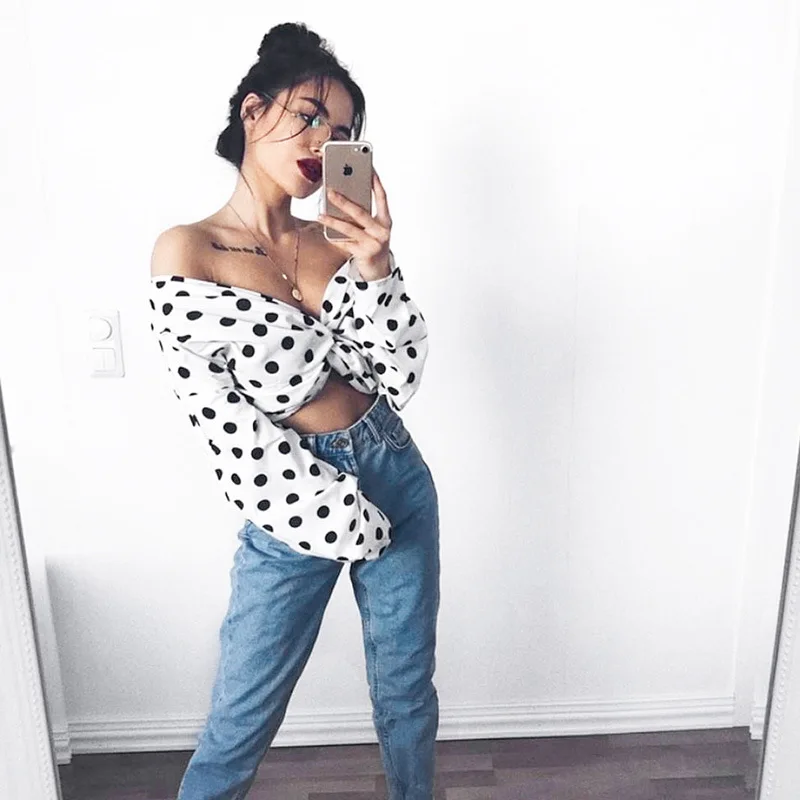

Polka Dot T Shirt Women Clothes 2019 Long Sleeve Top Aesthetic Camiseta Feminina Shirt Vacation Korean Style Dropshipping