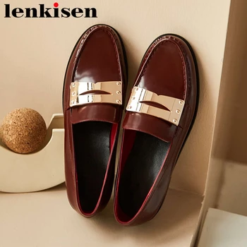 

Lenkisen new two colors limited brand shoes full grain leather round toe low heel metal decorations simple style women pumps L19