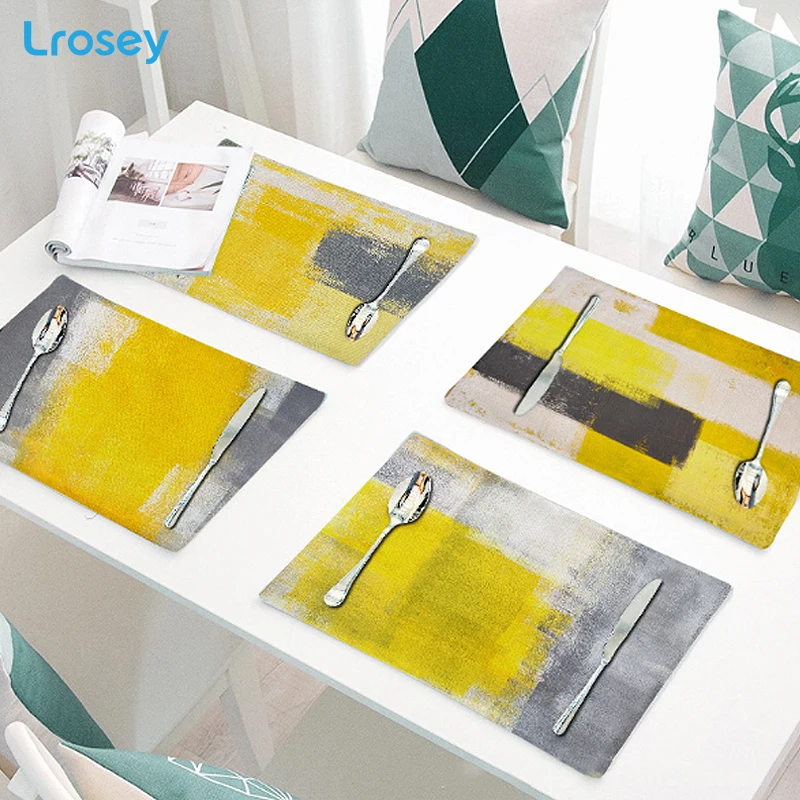 Yellow graffiti placemat simple modern ins cloth cotton and linen table mat insulation pad western food kitchen accessories | Дом и сад