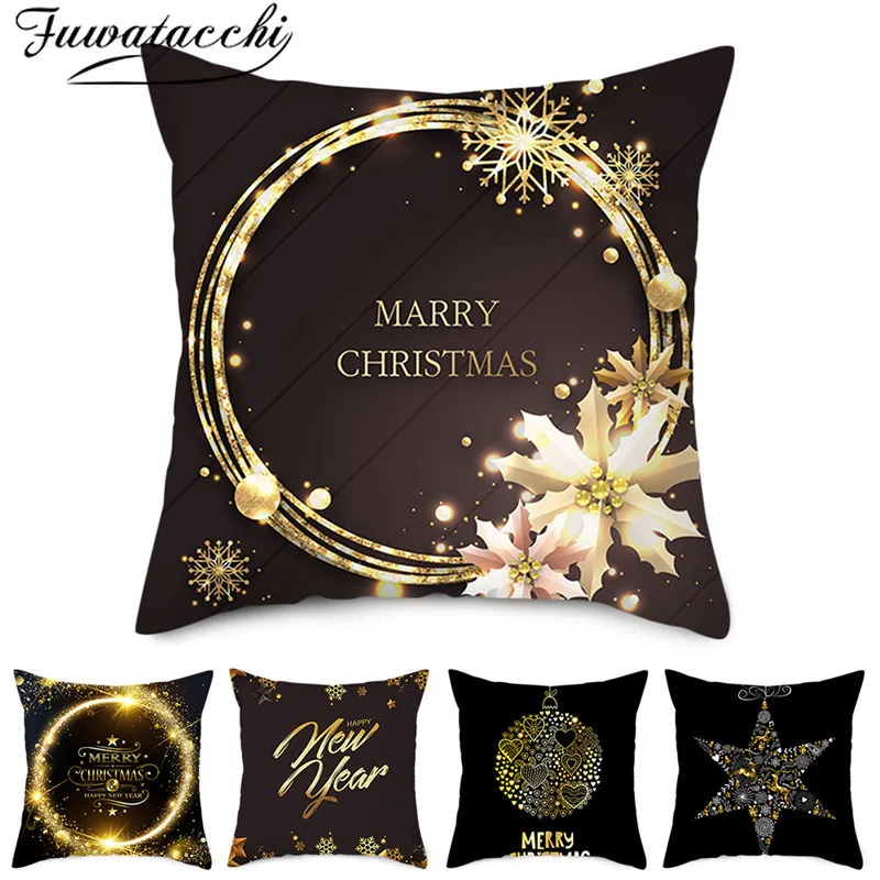 

Fuwatacchi Merry Christmas Letters Cushion Cover Black Snowflake Decorative Pillows Cover for Home Sofa Throw Pillowcase 45*45cm