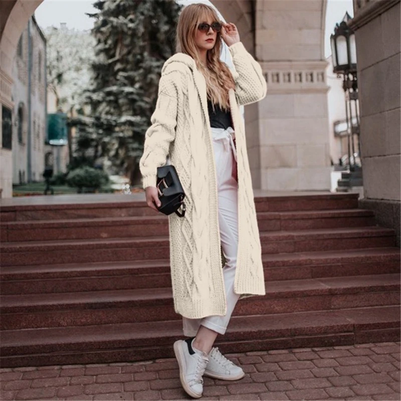 Модный женский Зимний вязаный свитер элегантный теплый халат кардиган Femme женские трикотажные изделия Дамская уличная одежда с капюшоном dames kleding - Цвет: Белый