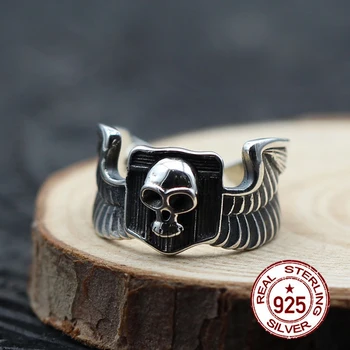 

S925 sterling silver men's open ring personality retro classic unique style angel wings skull modeling send lover's jewelry gift