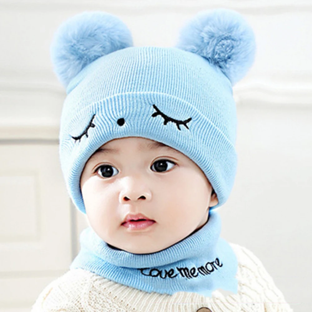 LOOZYKIT Baby Hat Winter 2Pcs Toddler Baby Girls Boys Solid Hat Winter Warm Knitted Beanie Cap+Scarf Keep Warm Set Kids Cap - Цвет: Style2 blue