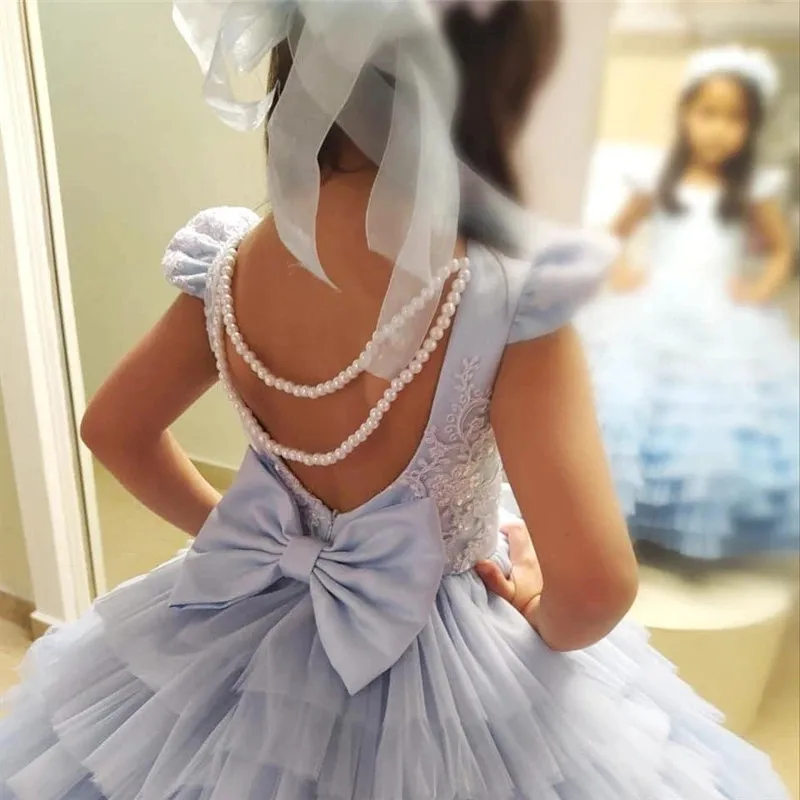 baby-61Sky Blue Tiered Puffy Girls Dresses for Party Flower Girl Dress Pearls Kids Clothes Children Birthday Dress Pageant Gown