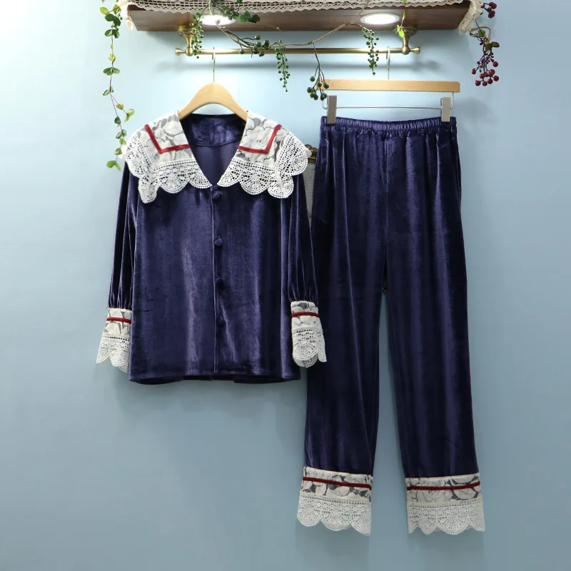 dark blue IZICFLY/ стиль, Осенние Синие пижамные комплекты, длинные рукава, штаны, ночная рубашка, Женская Золотая Бархатная Пижама, одежда для сна, комплект домашней одежды, большой размер - Color: dark blue