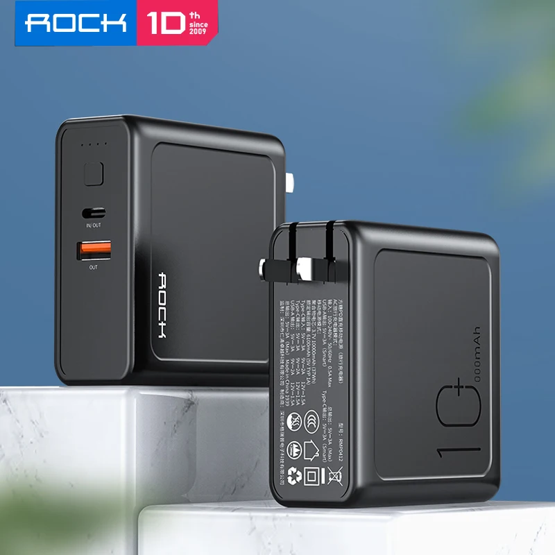  ROCK 10000mah Power Bank With EU US Plug 3A Type-C and USBOutput Powerbank PD3.0+QC3.0 Fast Charger
