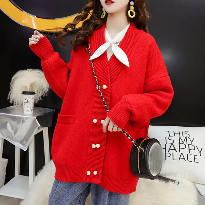 Женский двубортный Однотонный свитер с жемчугом, верхняя одежда, Свободный Повседневный длинный кардиган с v-образным вырезом, Вязаный Кардиган с длинным рукавом