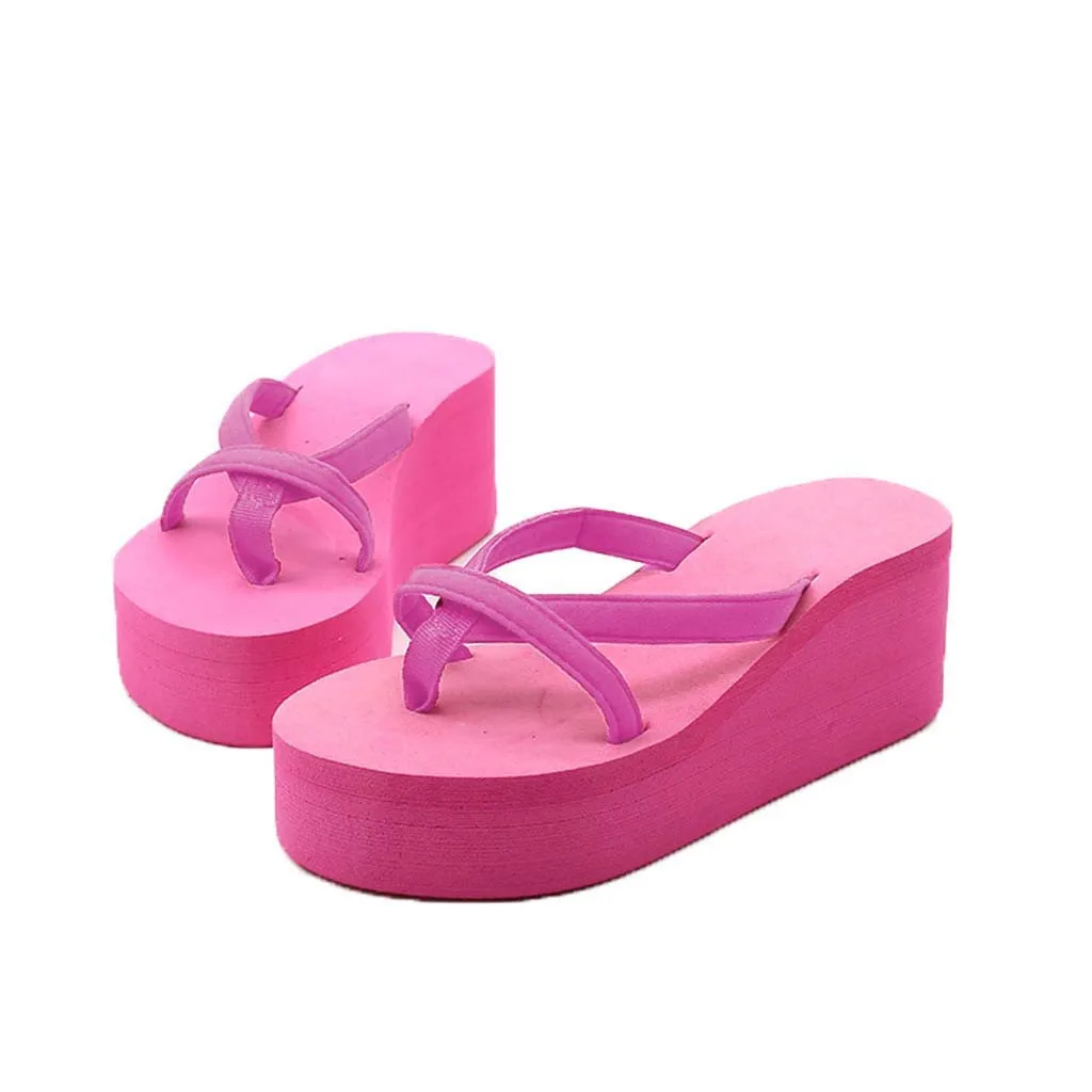 Сандалии; Летние однотонные пляжные шлепанцы; босоножки на высокой танкетке с толстой подошвой; женская прогулочная обувь - Цвет: Hot Pink b