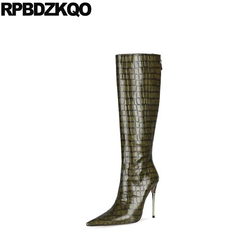Big Size Stiletto Drag Queen Knee High Sexy Shoes Stripper Pole Snakeskin Green Metal Heel Boots Pointed Toe Women 12 44 Snake | Обувь