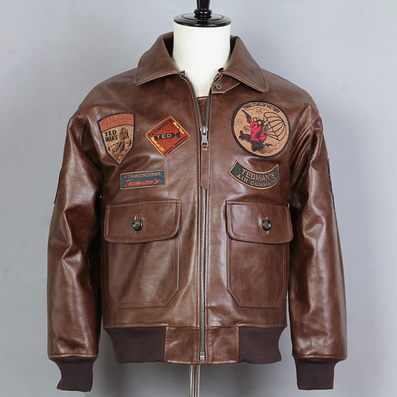G1 flight jacket men's fur collar genuine leather jacket aviator winter leather coat men embroidery patches bomber jacket