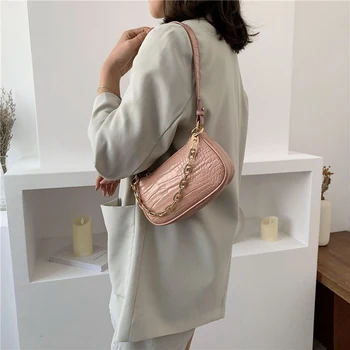 

Fashion Luxury Crocodile Pattern Baguette Bags Mini PU Leather Shoulder Bags Women Chain Design Hand Bag Female Travel