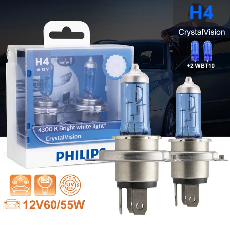 Philips h4 halogen 55W 12V Crystal Vision 4300K Bright White Light auto lamp H4 Headlight T10 Gift Original Car Accessories 2PCS