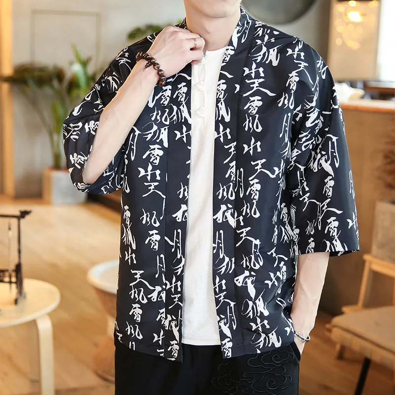 

2019 Summer New Style Retro Chinese-style Chinese Clothing Japanese Style Origional Printed Letter Cardigan Casual Thin Coat