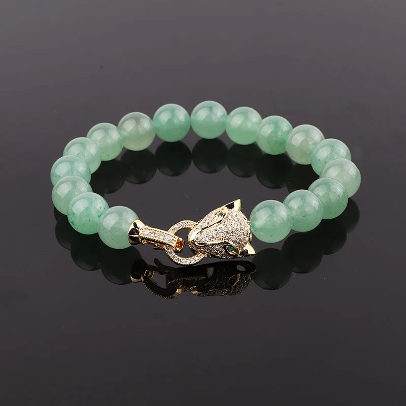 New Design Leopard Bracelet CZ Pave Charm Natural Stone Rose Quartz Howlite Beads Elastic Bracelet Women Men Jewelry Gift