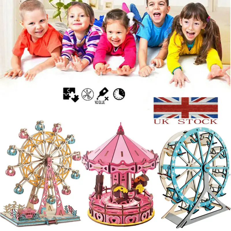 DIY 3D Puzzles Jigsaws Model of Ferris Wheel Merry-Go-Round Toy Assembly Wood Craft Kits Desk Decoration for Children Kids | Дом и сад