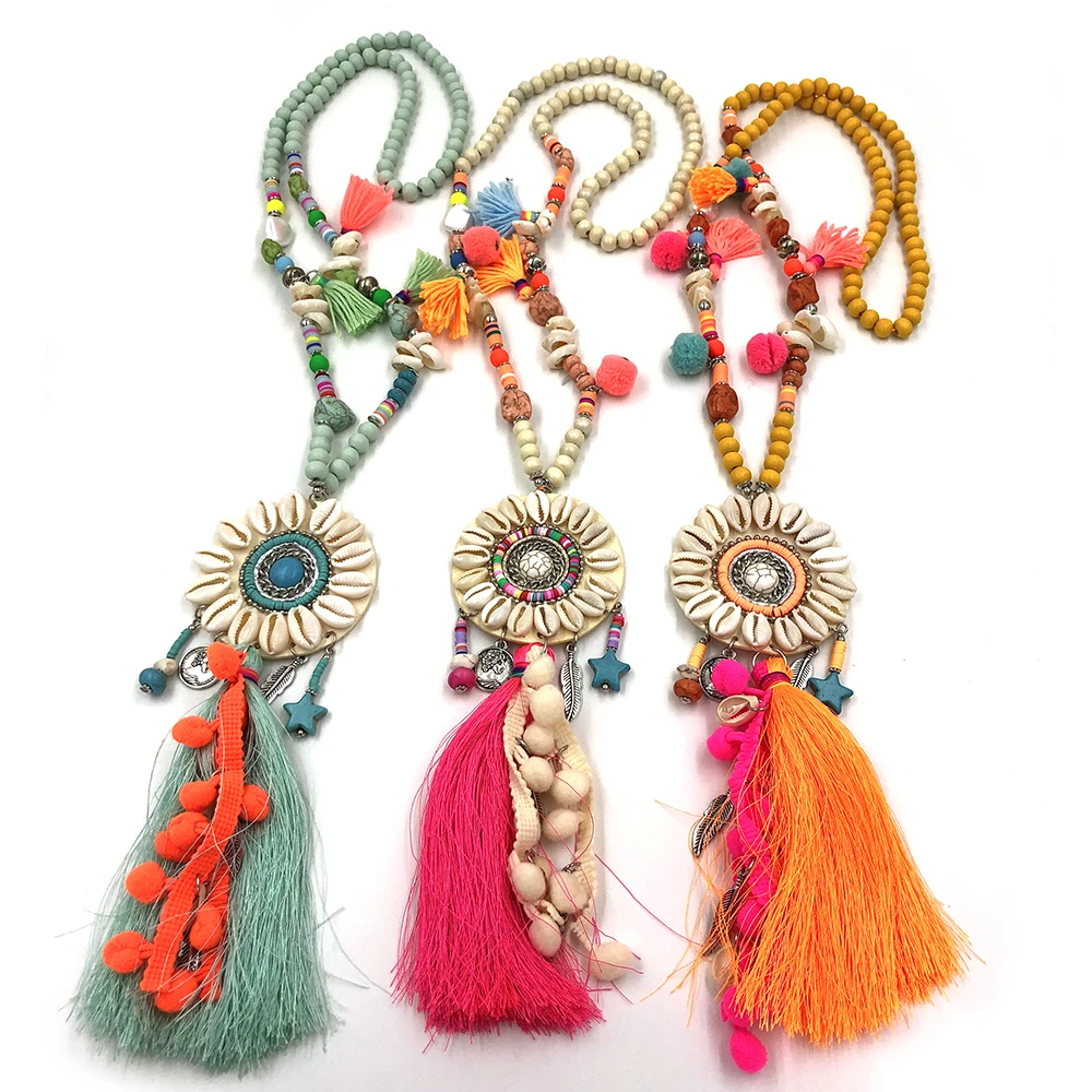 2020 nuevo collar de borla de algodón bohemio de primavera con pompones hecho a mano con concha de vaquero collar largo colgante para mujer| Collares - AliExpress