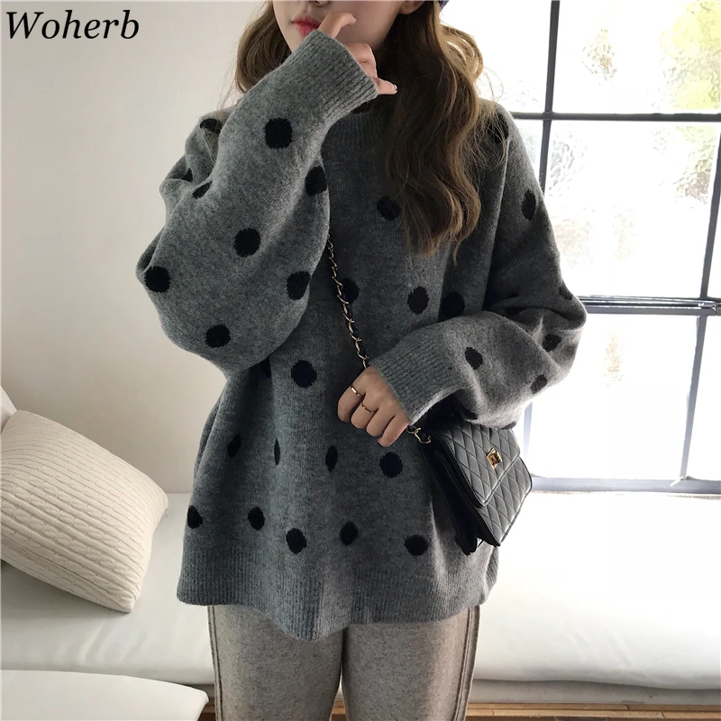 

Woherb Autumn Winter Vintage Polka Dot Women Sweater Casual Long Sleeve Pullovers Female O-Neck Knit Top Loose Oversized Jumper