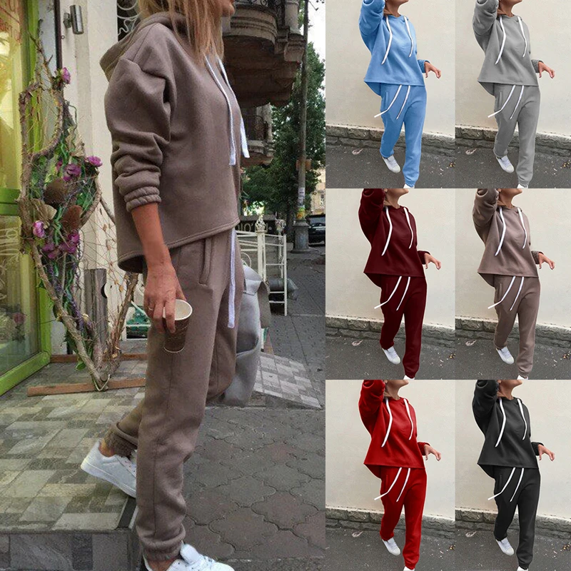 

HEFLASHOR Fashion Sport Two Piece Set Women Winter Sportswear Drawstring Hoodies Sweatshirt+Pencil Jogger Sets Gym Tracksuit